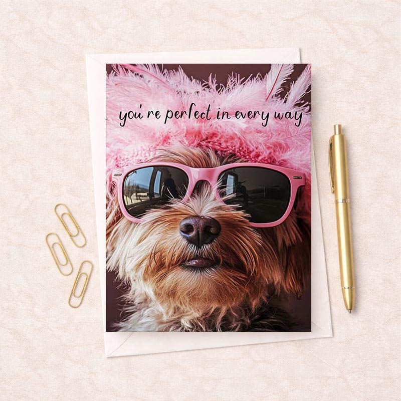 Cheerful card with a cute dog in sunglasses and a pink hat, saying "you're perfect in every way". Perfect for dog lovers and any occasion.