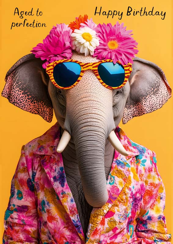 Adorable greetings card with cool elephant in sunglasses and floral hat, perfect for spreading joy on special occasions.