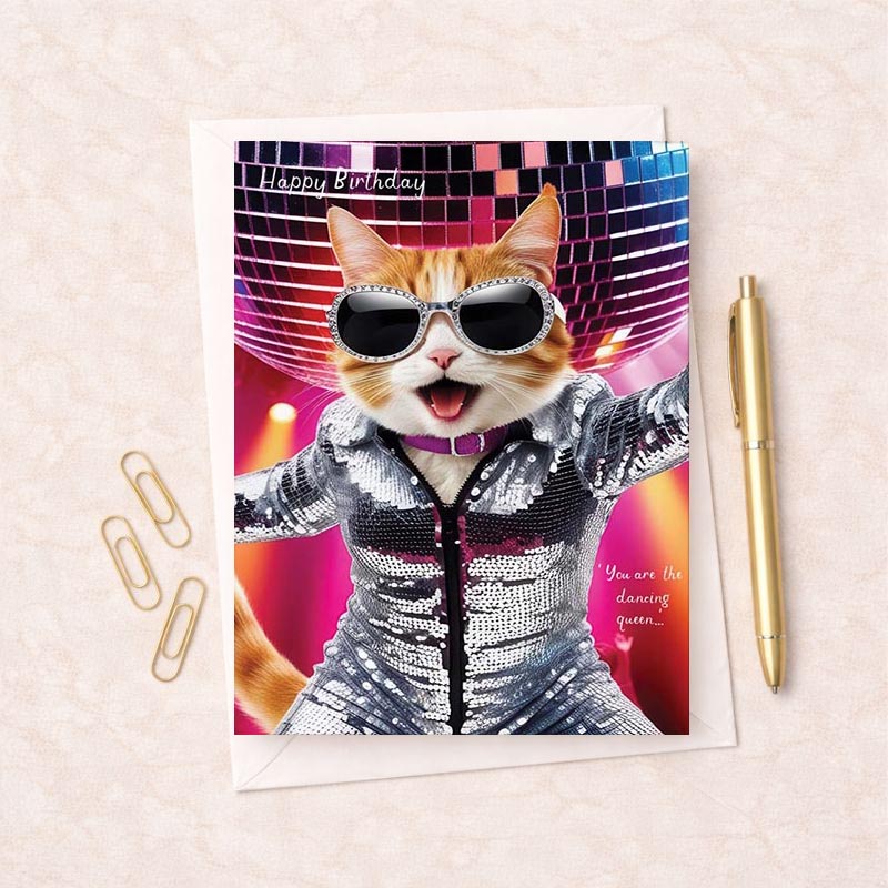 Vibrant greetings card with a cool cat in sunglasses and disco ball, against a red brick wall background. Perfect for adding sass and sparkle to any occasion.