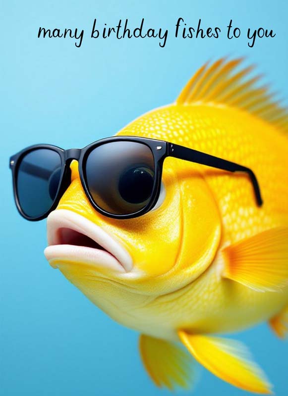Colorful birthday card with fish in sunglasses, spreading cheer with playful message. Perfect for fun-loving recipients.