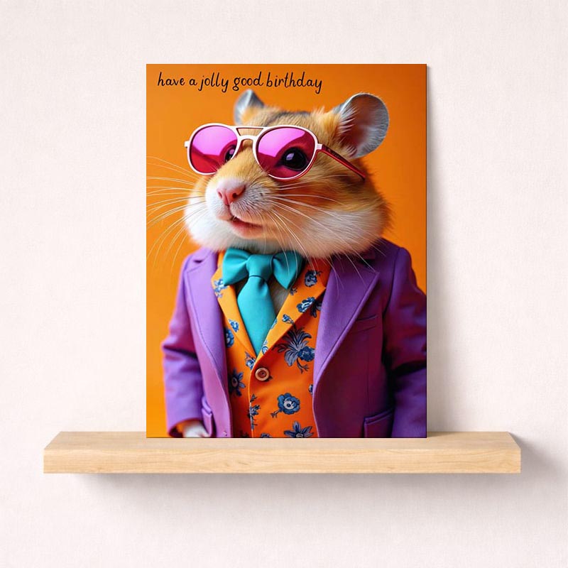 Charming hamster in suit and sunglasses on greetings card with 'have a jolly good birthday' message, perfect for fun celebrations.