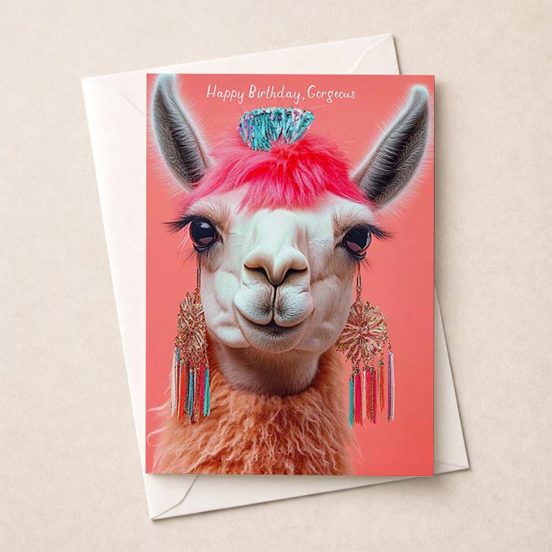 Quirky llama card with pink mohawk, "Happy Birthday, Gorgeous" inside. Brighten someone's day!