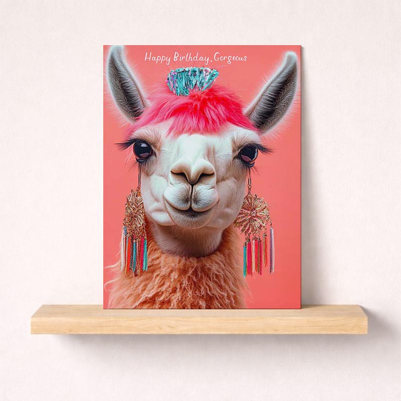 Quirky llama card with pink mohawk, "Happy Birthday, Gorgeous" inside. Brighten someone's day!