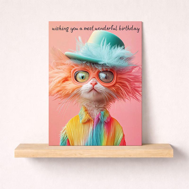 Cheerful cat in shirt, hat, glasses on greetings card. Perfect for birthdays or sending a fun message to loved ones.