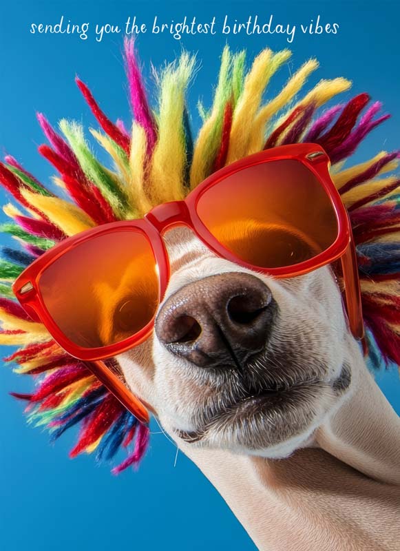 Colorful, fun greetings card featuring a cute dog in a wig and sunglasses. Perfect for spreading joy!