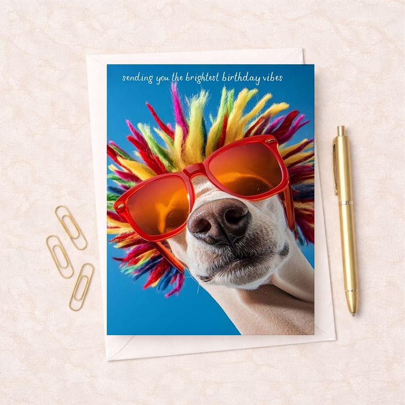 Colorful, fun greetings card featuring a cute dog in a wig and sunglasses. Perfect for spreading joy!
