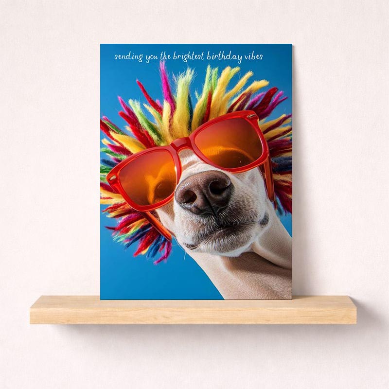 Colorful, fun greetings card featuring a cute dog in a wig and sunglasses. Perfect for spreading joy!