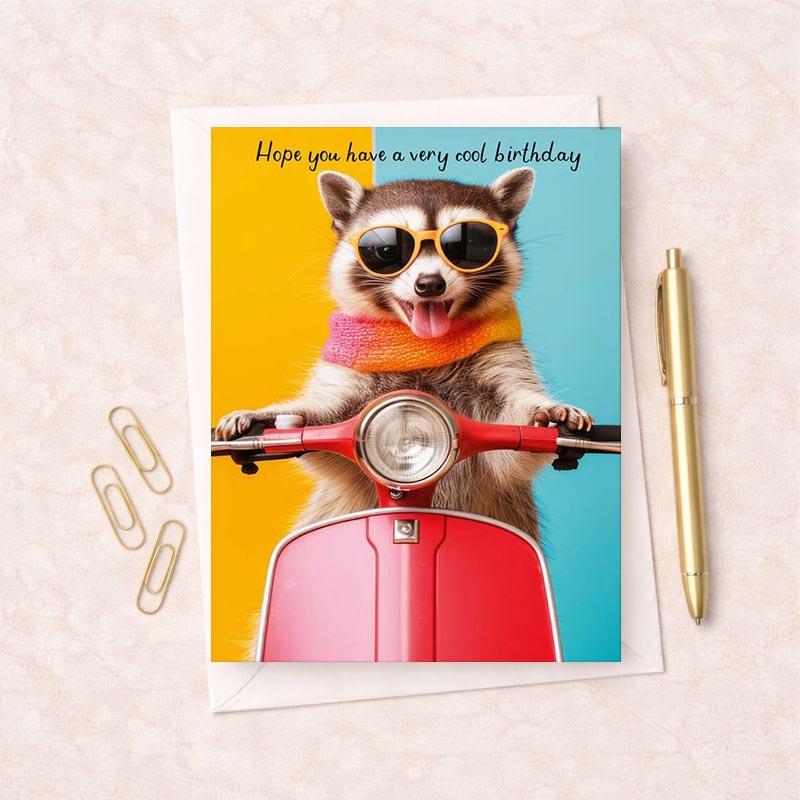 Funky raccoon on scooter birthday greetings card - cool and quirky design sure to make them smile!