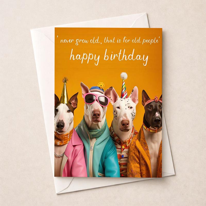 Three dogs in party hats and sunglasses on a fun greetings card, perfect for spreading joy and birthday wishes.