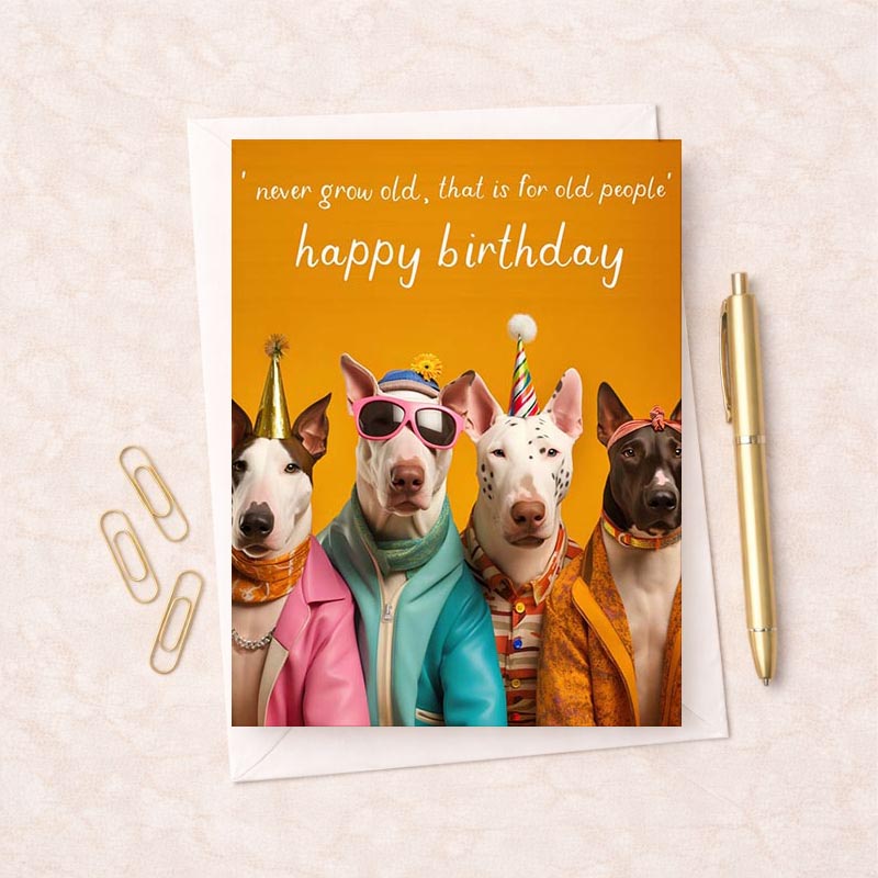 Three dogs in party hats and sunglasses on a fun greetings card, perfect for spreading joy and birthday wishes.
