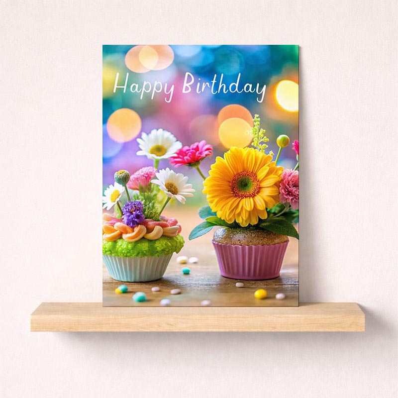 Charming greetings card featuring cupcakes with flowers and "Happy Birthday" message. Perfect for sending warm wishes to loved ones.