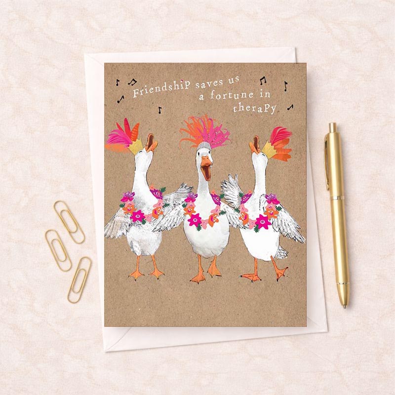 Cheerful duck-themed greetings card with vibrant feathers and music notes, perfect for sending warm wishes to a friend or loved one.