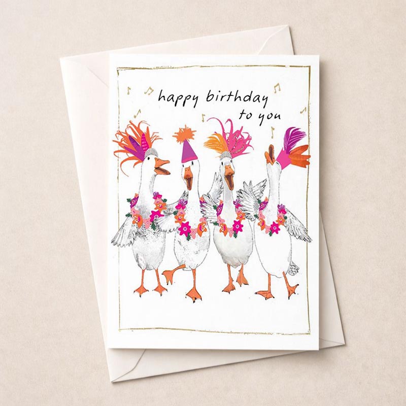 Adorable greetings card with three ducks in hats and flowers, perfect for birthdays or saying hello to a friend.