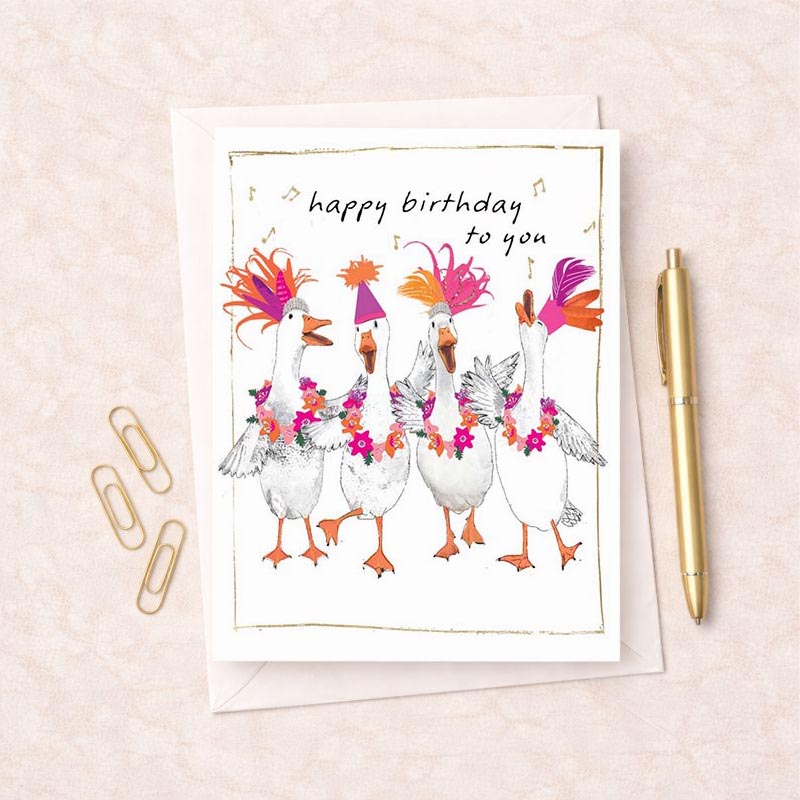 Adorable greetings card with three ducks in hats and flowers, perfect for birthdays or saying hello to a friend.