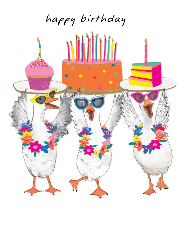 Three ducks in hats and sunglasses holding a cake on a colourful greetings card. Perfect for birthdays.