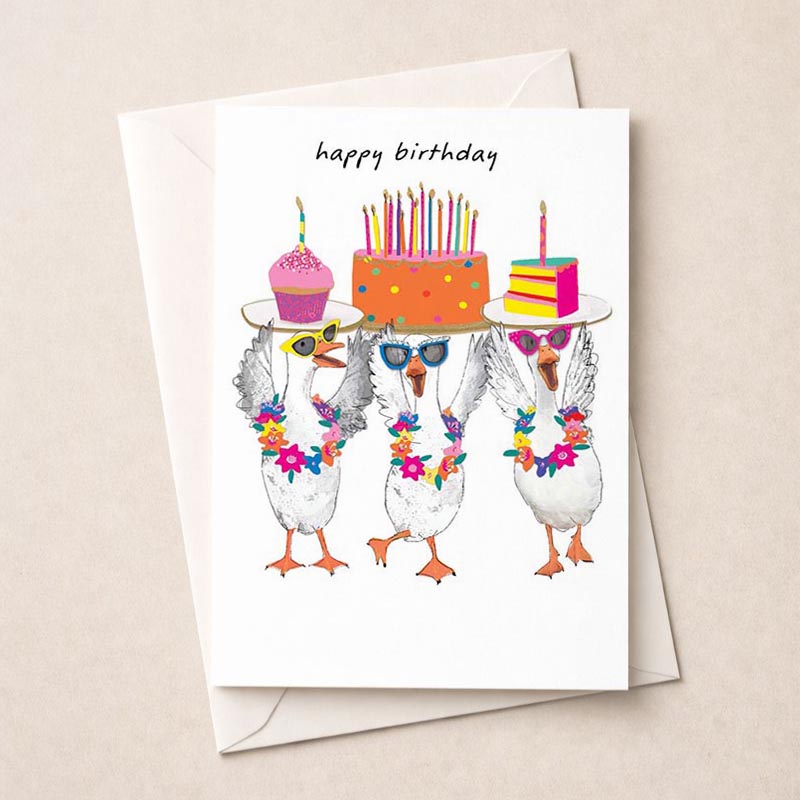 Three ducks in hats and sunglasses holding a cake on a colourful greetings card. Perfect for birthdays.