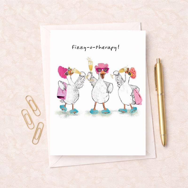 Illustrated card with three geese wearing pink accessories and sunglasses holding glasses of champagne with the text fizzy o therapy
