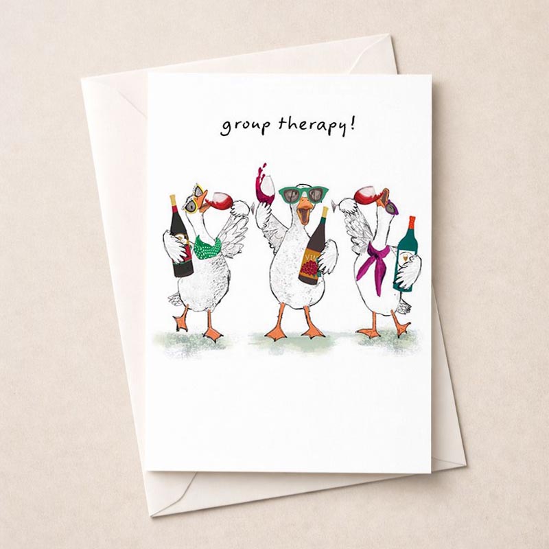 A group of ducks enjoying wine together on a greetings card. Perfect for wine lovers and bird enthusiasts.