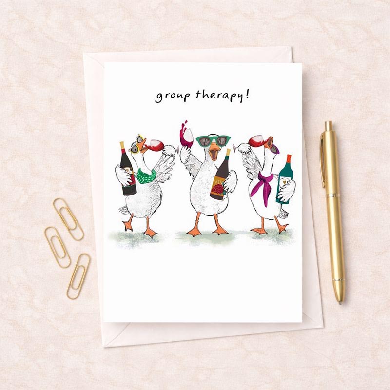 A group of ducks enjoying wine together on a greetings card. Perfect for wine lovers and bird enthusiasts.
