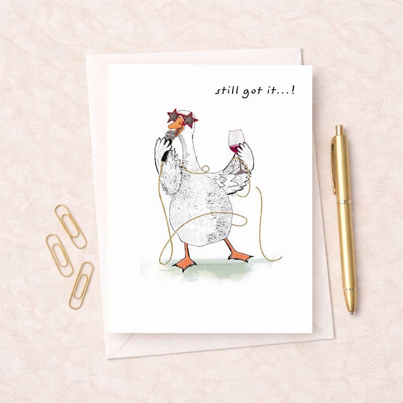 Quirky greetings card with chicken holding wine glass and microphone - perfect for laughs and celebrations.