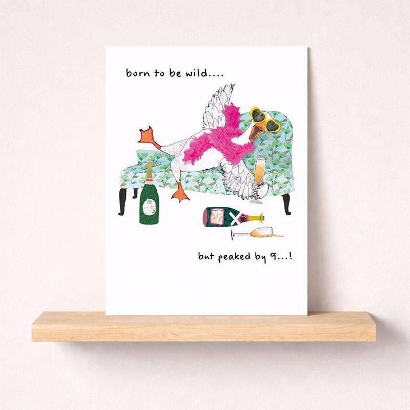 Whimsical greetings card with a cute bird on a couch holding wine. Radiates relaxed, cheerful vibe perfect for any occasion.