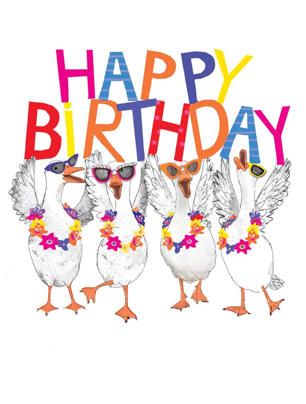 Cheerful greetings card with ducks in sunglasses &amp; flower wreath, perfect for birthdays or hellos.