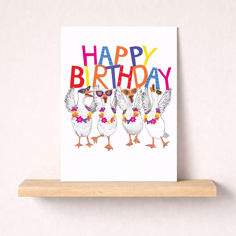 Cheerful greetings card with ducks in sunglasses &amp; flower wreath, perfect for birthdays or hellos.