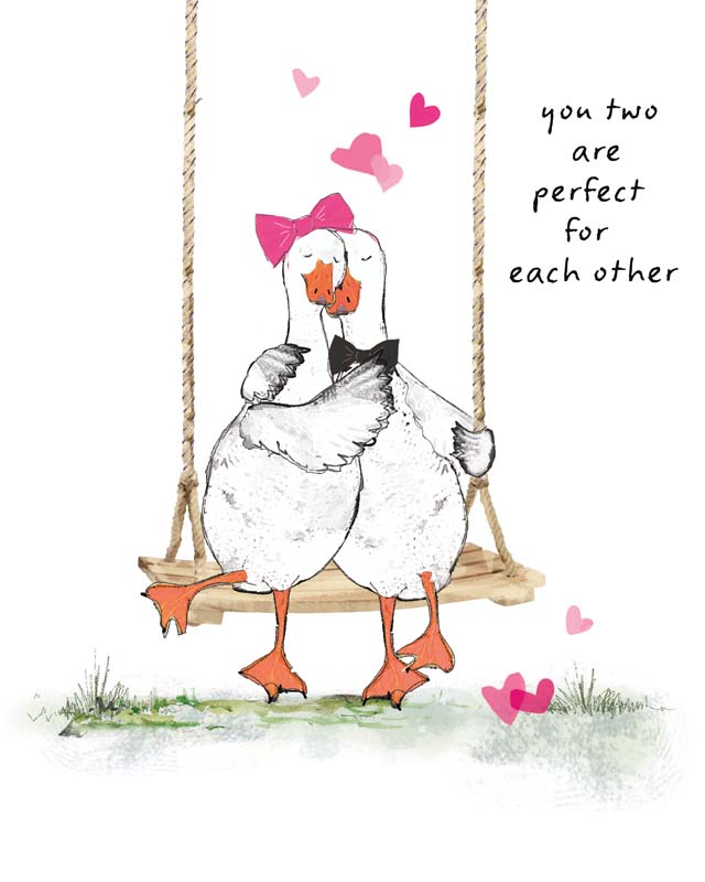 Two cute ducks on swing surrounded by hearts, perfect for expressing love and friendship. Ideal for birthdays, anniversaries, or just to say hello.