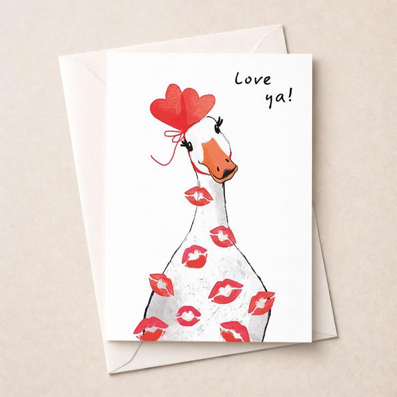 Cute duck with lipstick holding heart balloon. Playful, sweet greetings card to brighten someone's day. Spread cheer today!