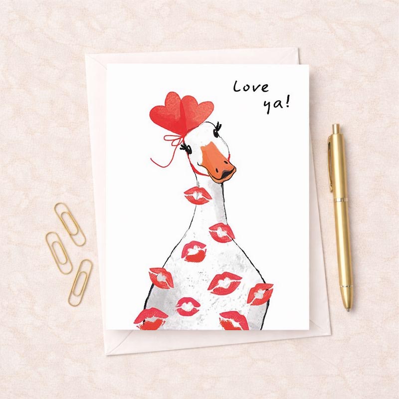 Cute duck with lipstick holding heart balloon. Playful, sweet greetings card to brighten someone's day. Spread cheer today!
