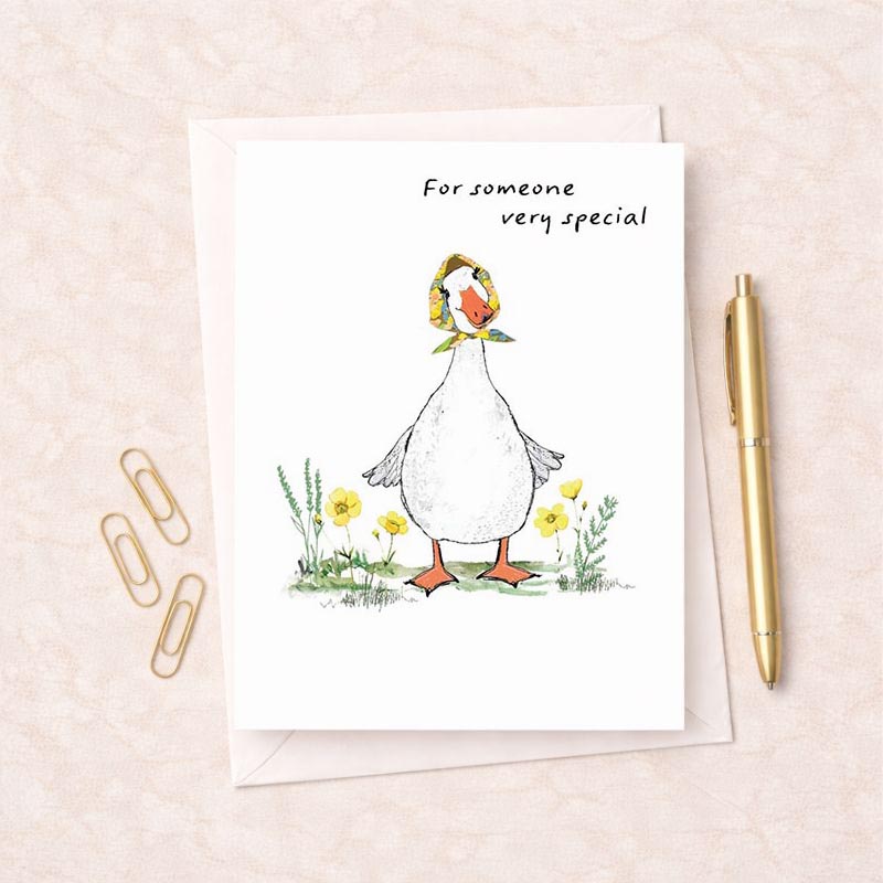Charming duck in trendy hat greetings card - perfect for sending warm wishes with a playful vibe. Ideal for animal lovers and nature enthusiasts.