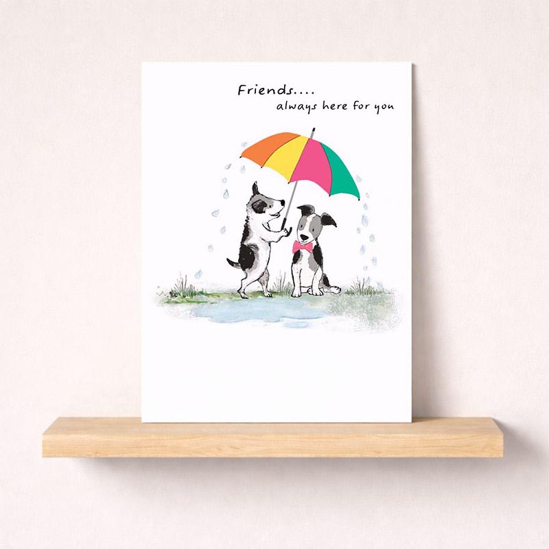 Charming card with dog &amp; cat under umbrella in rain, perfect for animal lovers. Exudes friendship &amp; companionship. Brighten someone's day!