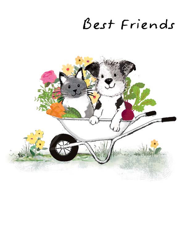 A cute card with a cat and dog in a wheelbarrow surrounded by flowers, perfect for sharing warmth and friendship with a loved one.