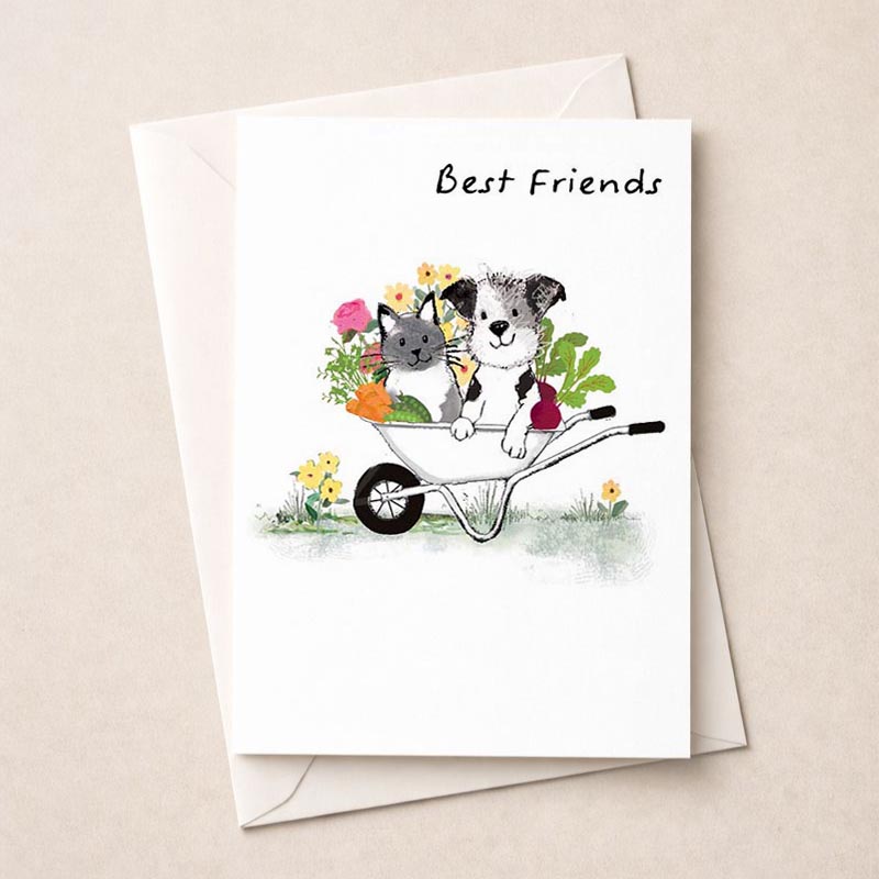 A cute card with a cat and dog in a wheelbarrow surrounded by flowers, perfect for sharing warmth and friendship with a loved one.