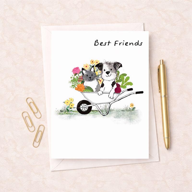 A cute card with a cat and dog in a wheelbarrow surrounded by flowers, perfect for sharing warmth and friendship with a loved one.