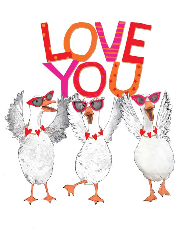 Quirky greetings card featuring three birds in sunglasses and a "love you" message. Perfect for spreading love and good vibes to friends and family.