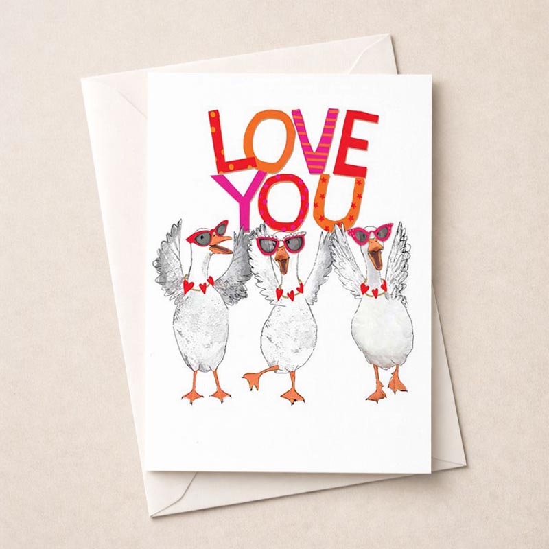 Quirky greetings card featuring three birds in sunglasses and a "love you" message. Perfect for spreading love and good vibes to friends and family.