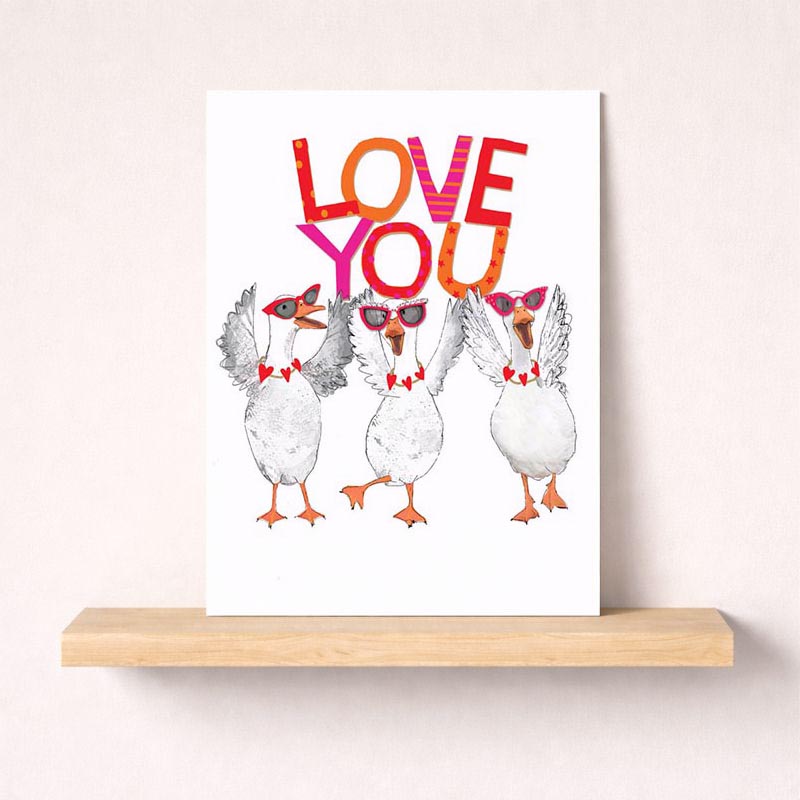 Quirky greetings card featuring three birds in sunglasses and a "love you" message. Perfect for spreading love and good vibes to friends and family.