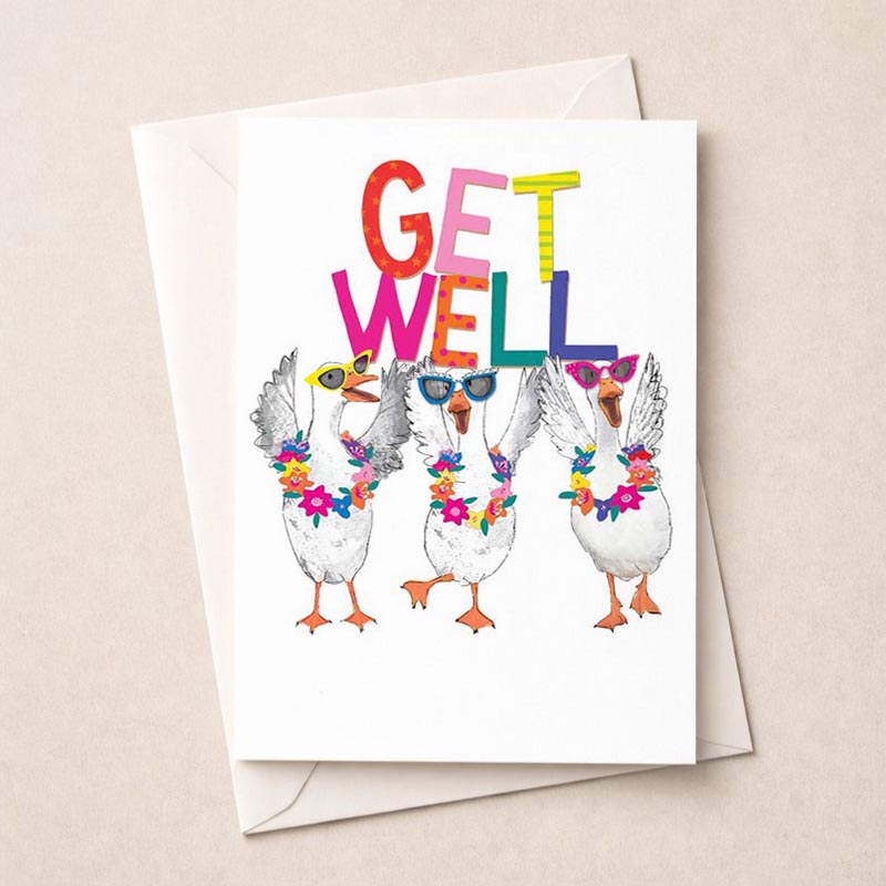Quirky greetings card with three ducks in sunglasses and a tie, perfect for spreading cheer and making someone smile.
