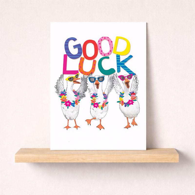 A fun greetings card with three ducks in sunglasses and a flowered tie. Perfect for spreading joy and positivity.