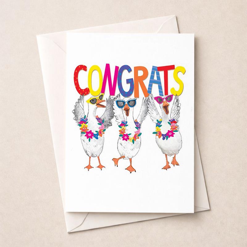 Funky bird-themed greetings card with 'congrats' sign, perfect for celebrating achievements and milestones.
