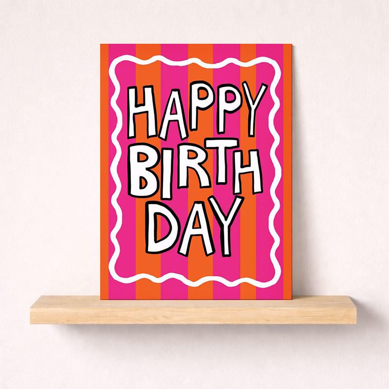 Bright pink and orange birthday card with white scallop border. Perfect for all ages, spreading joy and warmth.