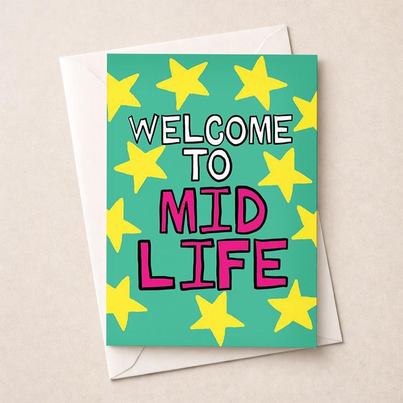 Cheerful mid-life greetings card with stars and warm colours, perfect for celebrating milestones and new chapters in life. Spread joy and love!