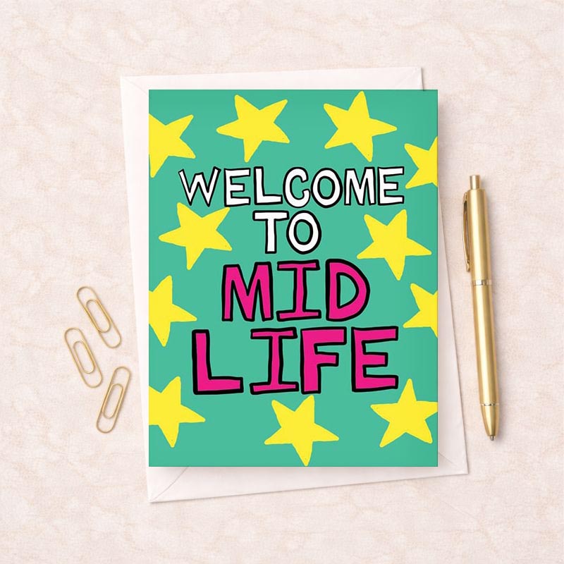 Cheerful mid-life greetings card with stars and warm colours, perfect for celebrating milestones and new chapters in life. Spread joy and love!