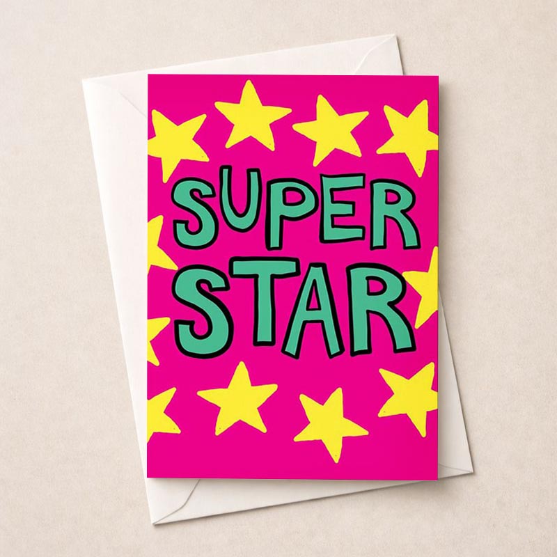 Bright pink card with yellow stars and 'super star' in bold letters. Perfect for cheering up a friend!