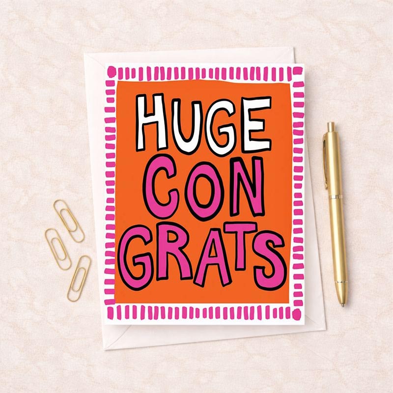 Colorful "huge con grats" card for celebrating achievements, perfect for spreading joy and support.