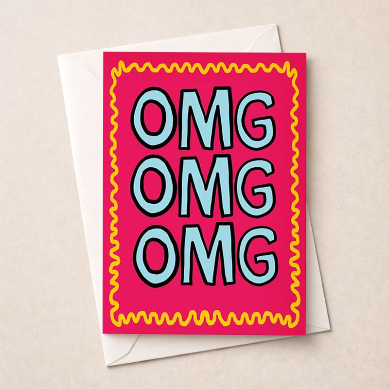 Bright pink and yellow greetings card with omg design in blue and pink, perfect for spreading joy and cheer.