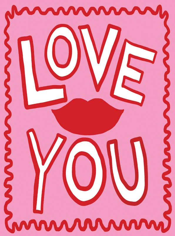 Pink greetings card with red and white "love you" sign, perfect for expressing love and affection on various occasions.
