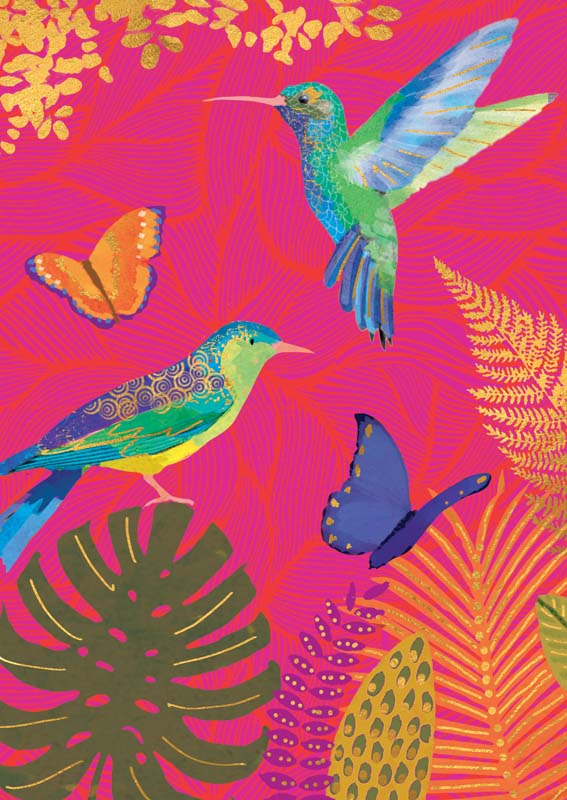 Vibrant greetings card with birds, butterflies, and tropical plants on pink background. Perfect for spreading cheer and positivity.