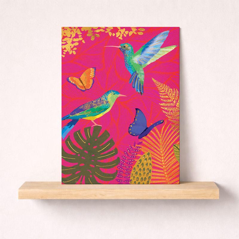 Vibrant greetings card with birds, butterflies, and tropical plants on pink background. Perfect for spreading cheer and positivity.